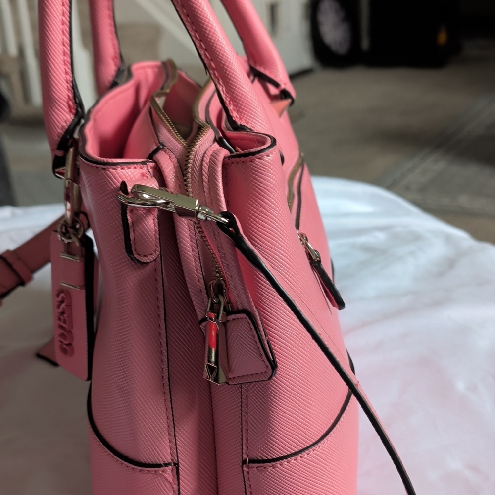 GUESS Pink Saffiano Satchel with Branded Charm - Picture 3 of 7